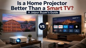 Is a Home Projector Better Than a Smart TV? A Jaipur Buyer's Guide featuring a home projector and Smart TV comparison in a modern living room.