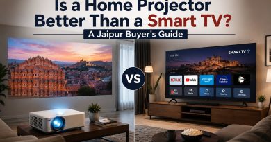 Is a Home Projector Better Than a Smart TV? A Jaipur Buyer's Guide featuring a home projector and Smart TV comparison in a modern living room.