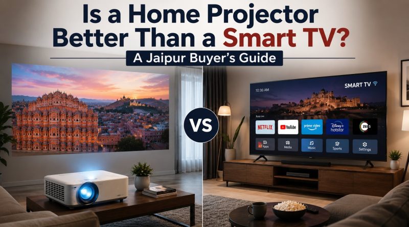Is a Home Projector Better Than a Smart TV? A Jaipur Buyer's Guide featuring a home projector and Smart TV comparison in a modern living room.