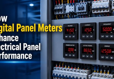 Digital Panel Meter for Electrical Panel showing voltage, current, frequency, power factor, and energy readings to enhance electrical panel performance.