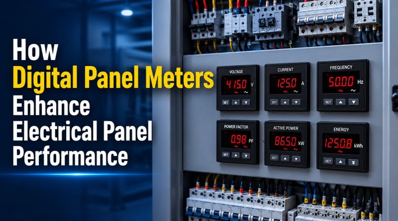 Digital Panel Meter for Electrical Panel showing voltage, current, frequency, power factor, and energy readings to enhance electrical panel performance.
