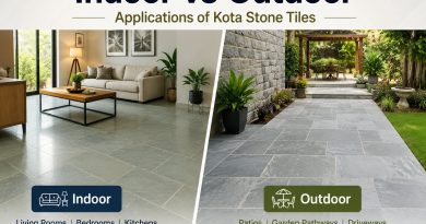 Indoor vs Outdoor Applications of Kota Stone Tiles showing a modern indoor living room and an outdoor patio with durable natural stone flooring.