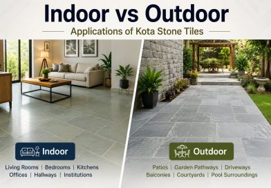 Indoor vs Outdoor Applications of Kota Stone Tiles showing a modern indoor living room and an outdoor patio with durable natural stone flooring.