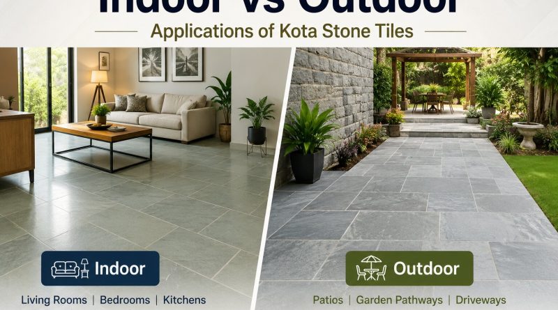Indoor vs Outdoor Applications of Kota Stone Tiles showing a modern indoor living room and an outdoor patio with durable natural stone flooring.
