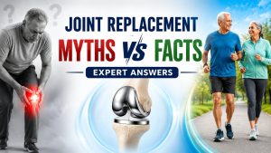 Medical banner showing a painful knee on one side, a knee replacement implant in the center, and an active senior couple walking on the other side with the title "Joint Replacement Myths vs Facts: Expert Answers."