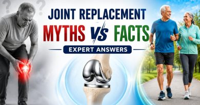 Medical banner showing a painful knee on one side, a knee replacement implant in the center, and an active senior couple walking on the other side with the title "Joint Replacement Myths vs Facts: Expert Answers."