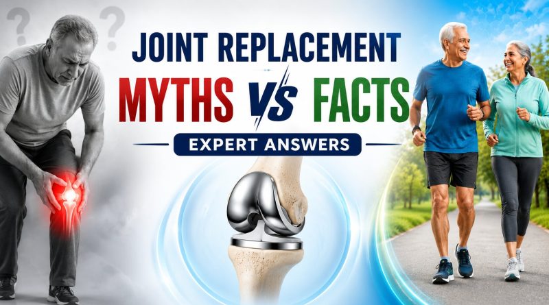 Medical banner showing a painful knee on one side, a knee replacement implant in the center, and an active senior couple walking on the other side with the title "Joint Replacement Myths vs Facts: Expert Answers."