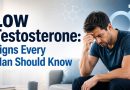 Low Testosterone: Signs Every Man Should Know featuring a concerned man with a professional medical background highlighting men's hormonal health.