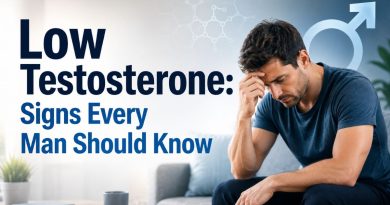Low Testosterone: Signs Every Man Should Know featuring a concerned man with a professional medical background highlighting men's hormonal health.