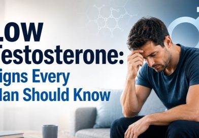 Low Testosterone: Signs Every Man Should Know featuring a concerned man with a professional medical background highlighting men's hormonal health.