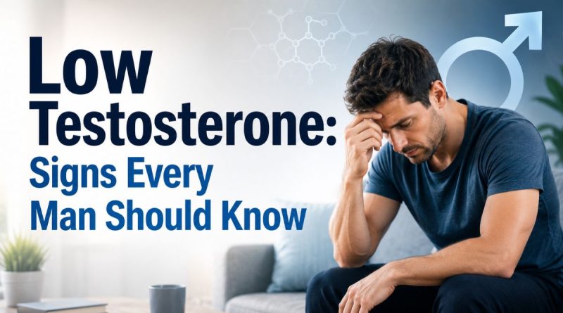 Low Testosterone: Signs Every Man Should Know featuring a concerned man with a professional medical background highlighting men's hormonal health.