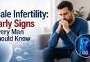 Concerned man with medical fertility illustration representing the early signs of male infertility and the importance of timely diagnosis and treatment.