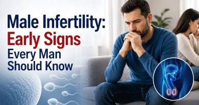 Concerned man with medical fertility illustration representing the early signs of male infertility and the importance of timely diagnosis and treatment.