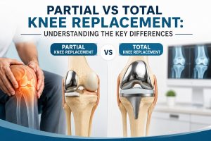 Medical illustration comparing partial vs total knee replacement surgery with knee implants, showing the key differences between both procedures for patients considering knee replacement.