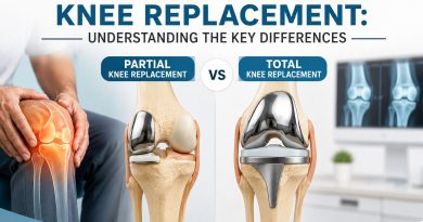 Medical illustration comparing partial vs total knee replacement surgery with knee implants, showing the key differences between both procedures for patients considering knee replacement.