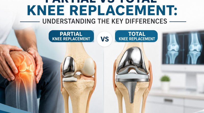 Medical illustration comparing partial vs total knee replacement surgery with knee implants, showing the key differences between both procedures for patients considering knee replacement.