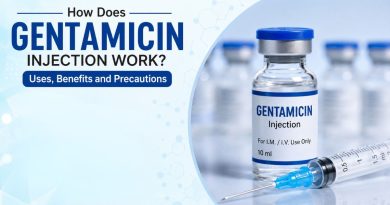 Gentamicin Injection vial and syringe with informative text about its uses, benefits, and precautions.