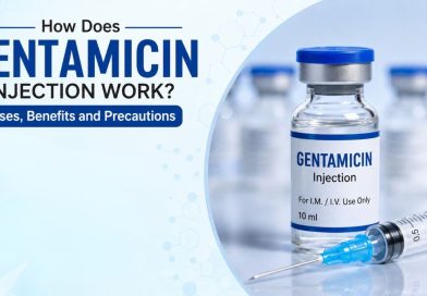Gentamicin Injection vial and syringe with informative text about its uses, benefits, and precautions.