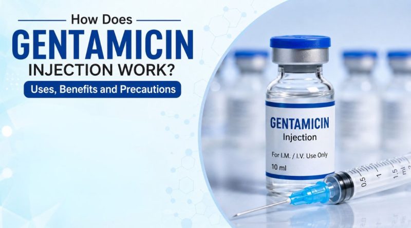 Gentamicin Injection vial and syringe with informative text about its uses, benefits, and precautions.