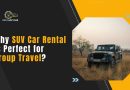 Group of travelers enjoying a comfortable SUV car rental in Jaipur with spacious seating and luggage space.