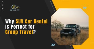 Group of travelers enjoying a comfortable SUV car rental in Jaipur with spacious seating and luggage space.