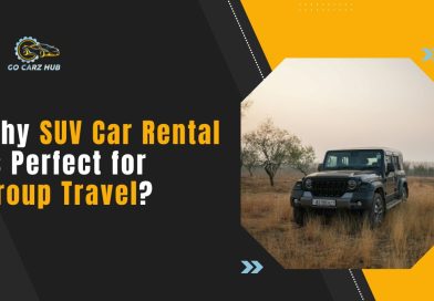 Group of travelers enjoying a comfortable SUV car rental in Jaipur with spacious seating and luggage space.
