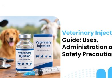Veterinary Injection guide showing animal medicine vial, syringe, and veterinary care