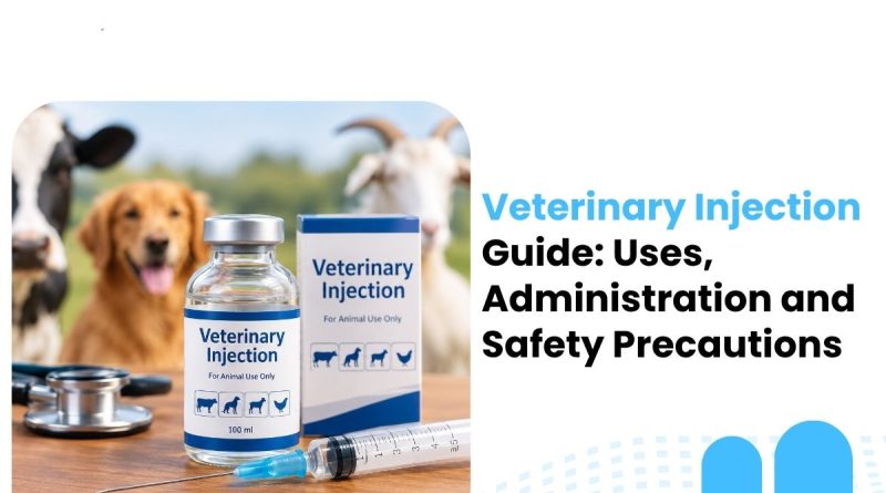 Veterinary Injection guide showing animal medicine vial, syringe, and veterinary care