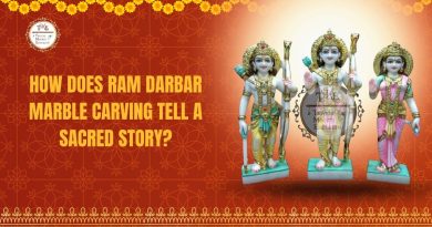 Ram Darbar marble statue featuring Lord Rama, Goddess Sita, Lord Lakshman, and Lord Hanuman with intricate traditional carving.