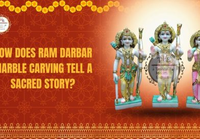 Ram Darbar marble statue featuring Lord Rama, Goddess Sita, Lord Lakshman, and Lord Hanuman with intricate traditional carving.