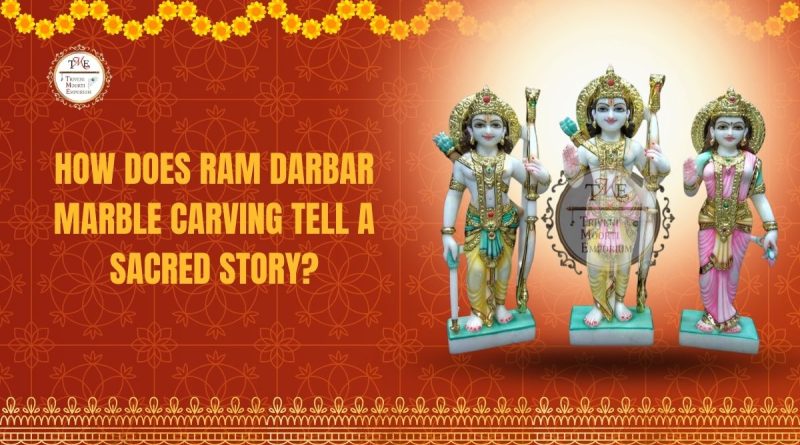 Ram Darbar marble statue featuring Lord Rama, Goddess Sita, Lord Lakshman, and Lord Hanuman with intricate traditional carving.